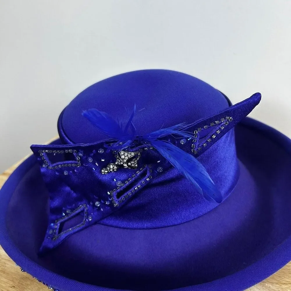 ML Studio Royal Blue Wool Felt Church Hat Beaded Feather Accent Dress Derby Hat